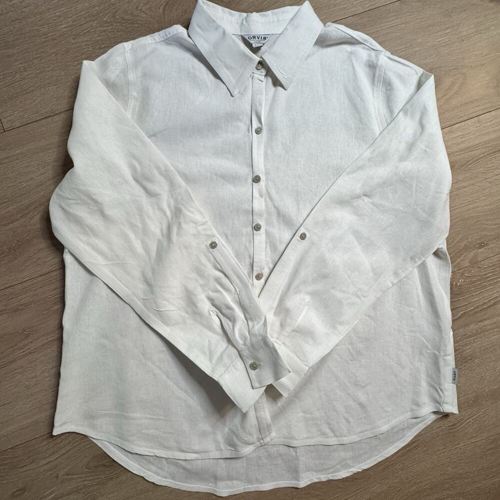 Orvis Womens XL White Linen Rayon Button Up Shirt Roll Sleeve Coastal Lagenlook